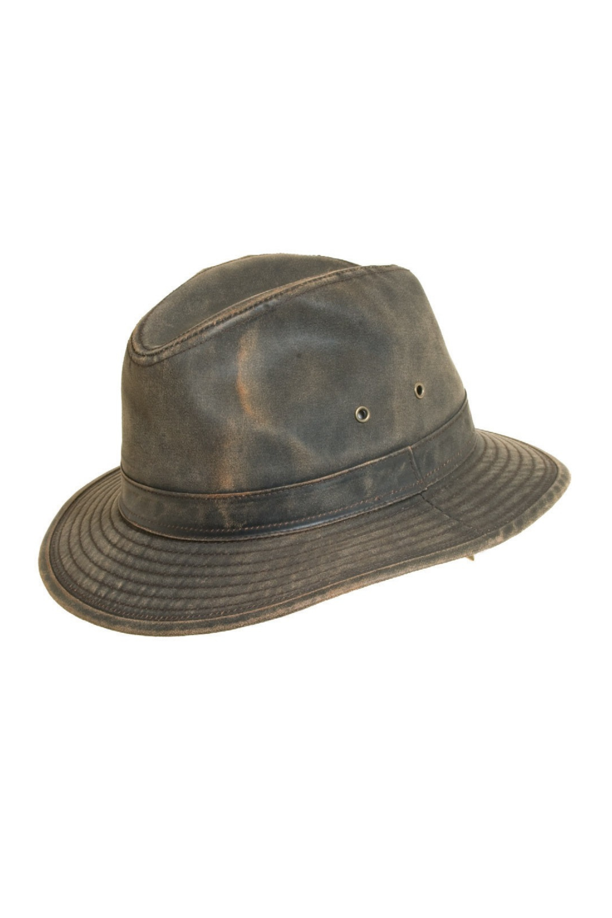 The Scala Weathered Cotton Narrow Brim Safari hat is crafted from durable cotton in dark colors, featuring ventilation holes and a narrow brim. It boasts a slightly distressed texture and a rugged look, complete with a water-repellent finish, making it ideal for outdoor adventures.