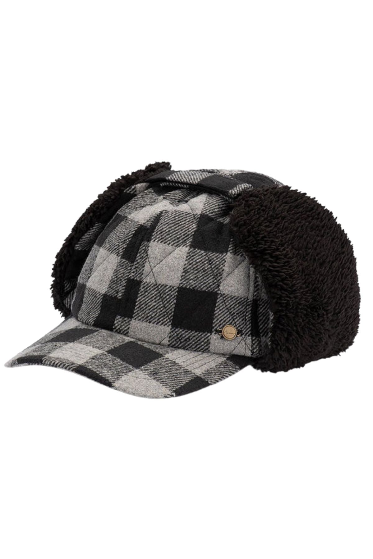 The Avenel Willie Flannelette Thinsulate Tractor Cap is a grey and black plaid cap with a curved brim and cozy sherpa-lined ear flaps for extra warmth.