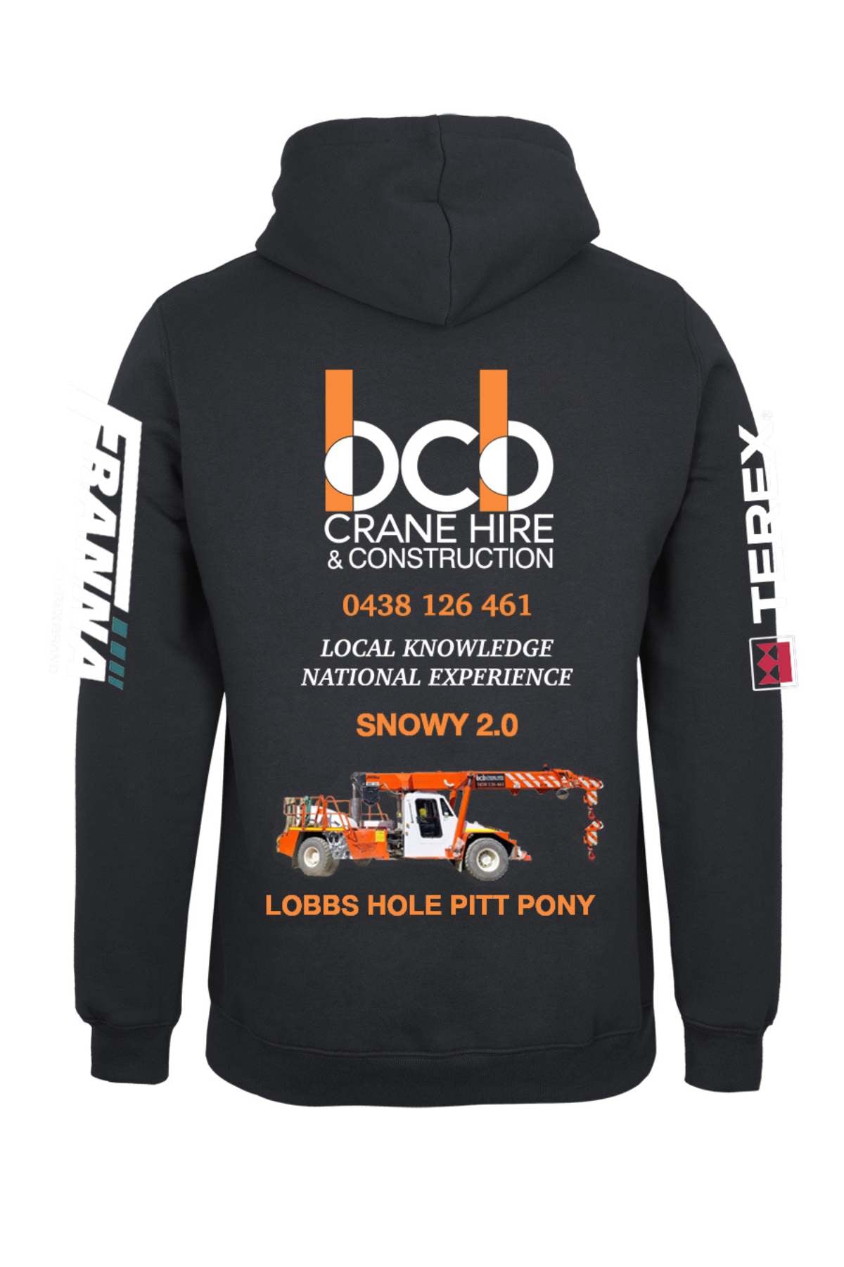 The BCB Crane Hire Hoodie is a black fleece with front pocket and hood, featuring "bcb" and "SNOWY 2.0" logos on the chest, "TEREX" on the right sleeve, and "TRAKKA" on the left. Pre-order now—ideal for crane hire crews.