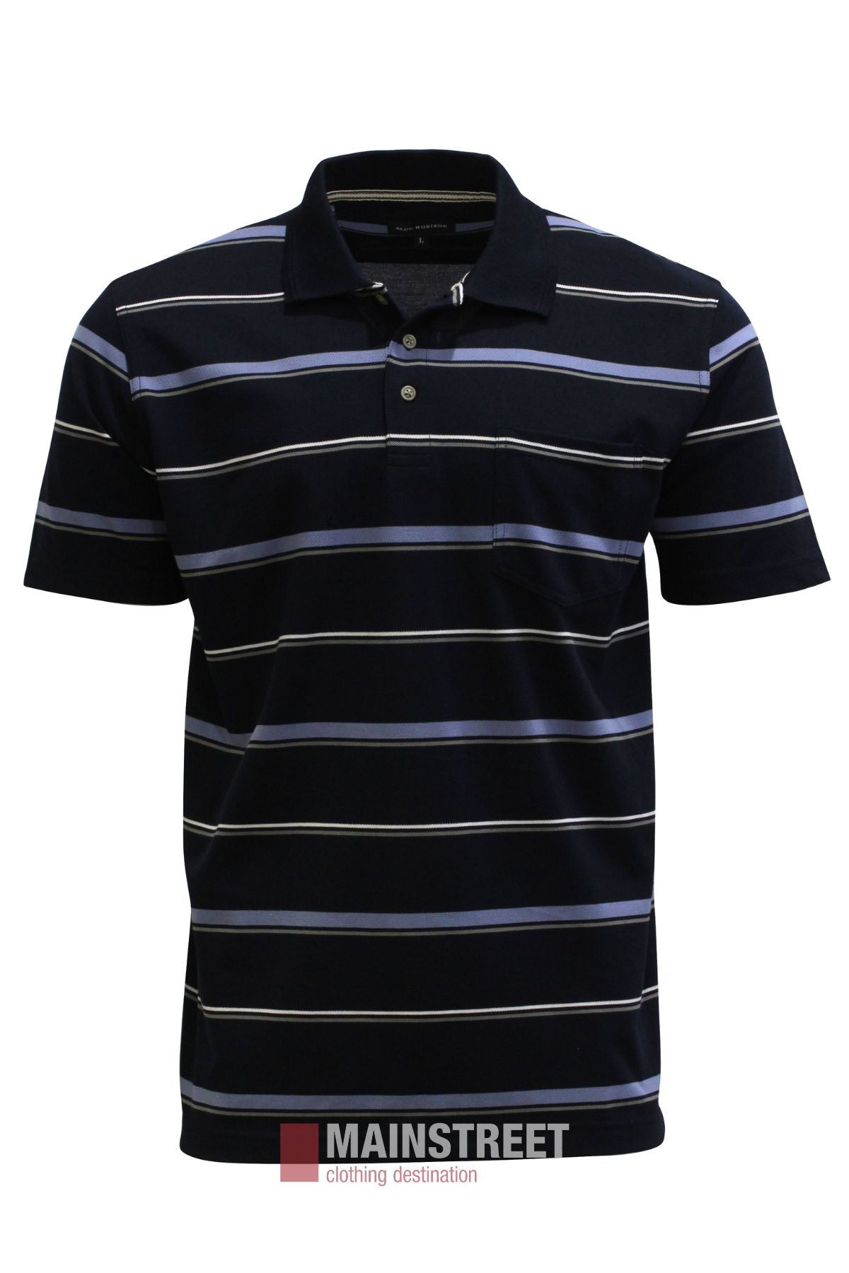 Blue Horizon Stripe Polo Shirt in navy blue with thin horizontal light blue, white, and gray stripes, a button placket, and a chest pocket.