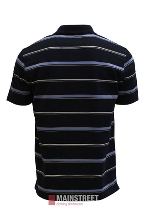 Back view of a Blue Horizon Stripe Polo Shirt featuring short sleeves and horizontal bands in navy blue, light blue, and white.