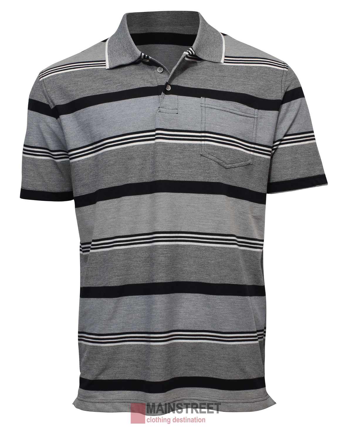 The Blue Horizon Pique Striped Polo is short-sleeved and gray, featuring black and white stripes, a collar, chest pocket, and made from a comfy polyester/cotton blend. Shown on a plain white background.