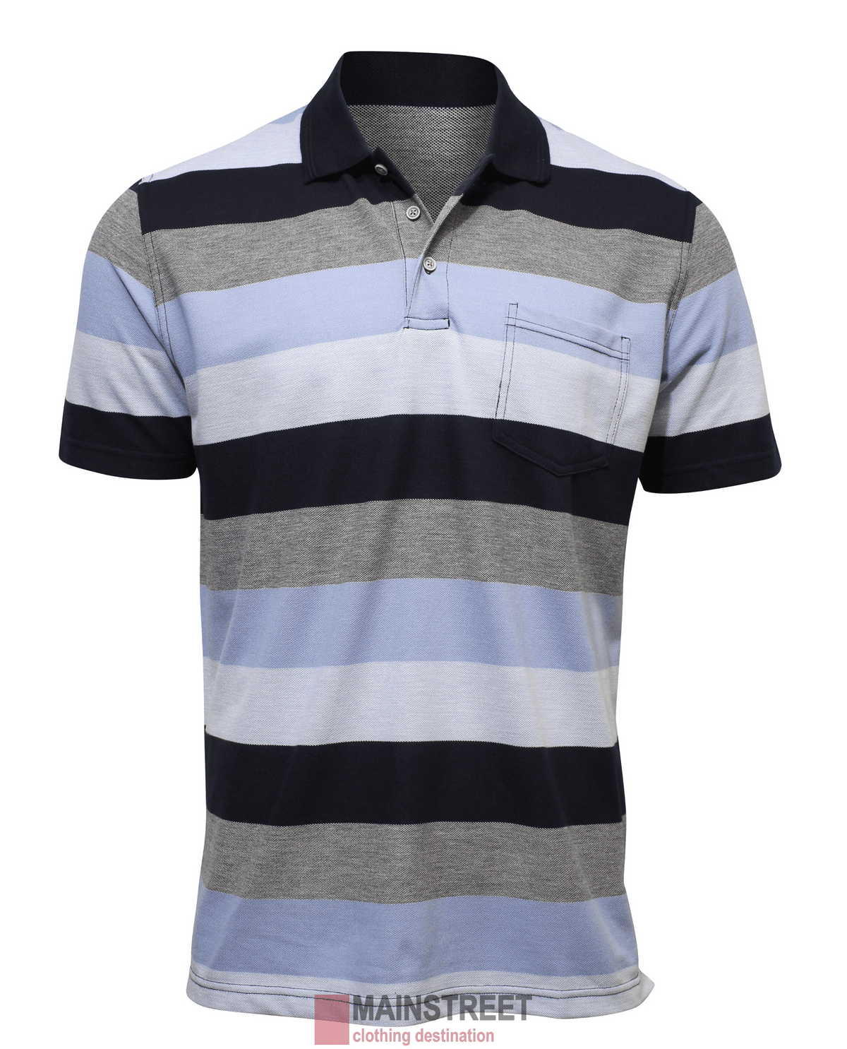 The Blue Horizon Pique Striped Polo is made from a polyester/cotton blend and features navy, light blue, gray, and white horizontal stripes. It includes a collar, short sleeves, and a chest pocket.