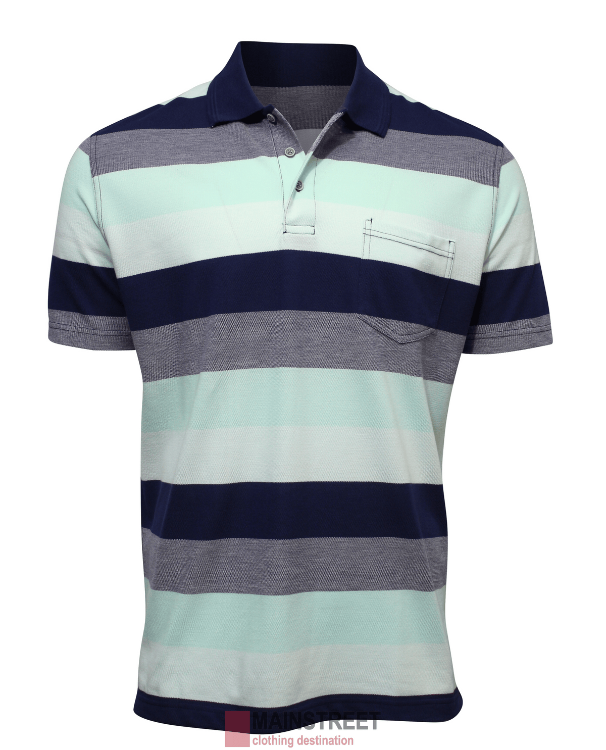 The Blue Horizon Pique Striped Polo features short sleeves, a soft polyester/cotton blend, wide navy, light blue, and gray stripes, a collar with buttoned placket, and a chest pocket.