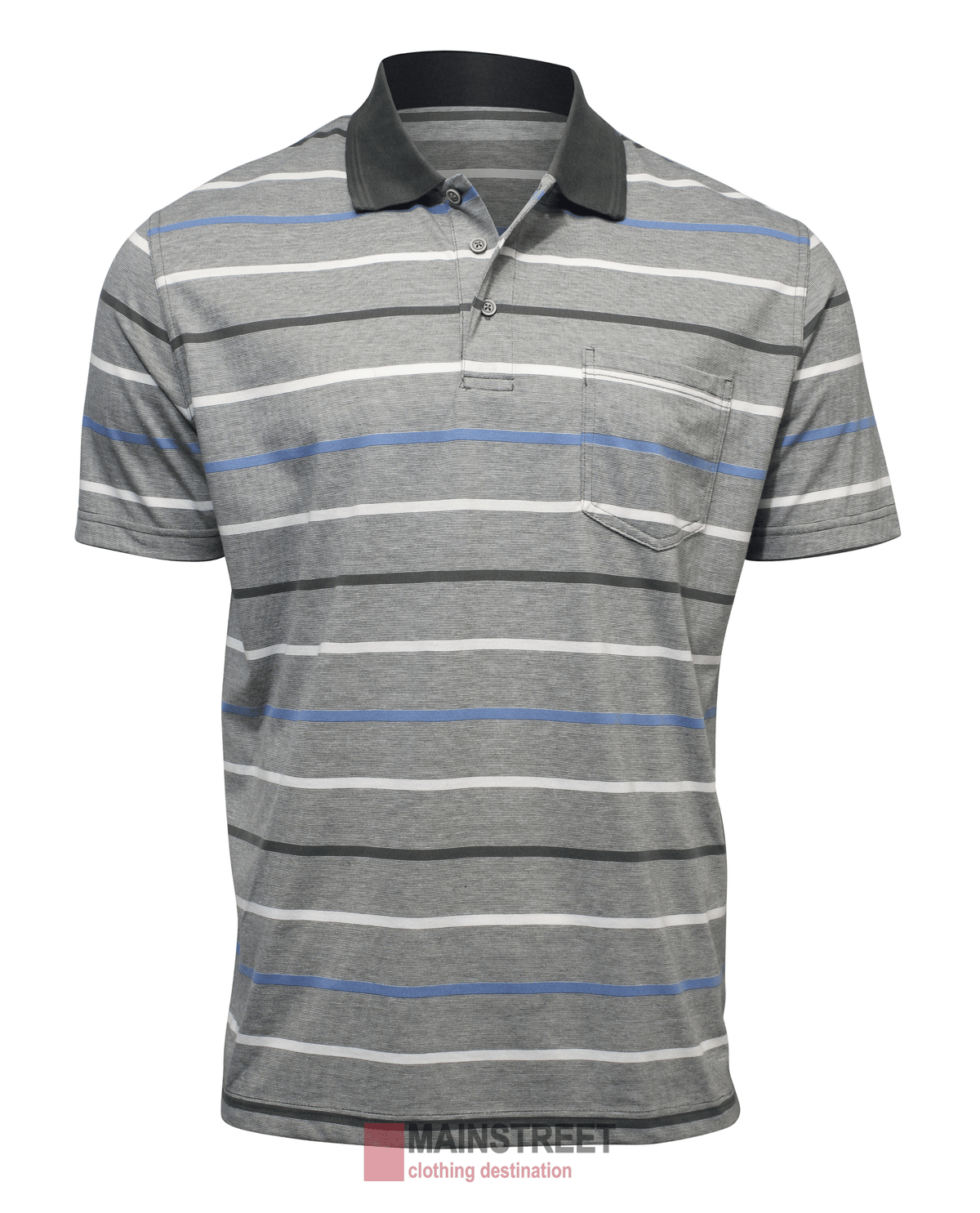 The Blue Horizon Jersey Striped Polo is a short-sleeve gray shirt with horizontal white, blue, and dark gray stripes, a black classic collar, and a chest pocket. It’s displayed on a white background.