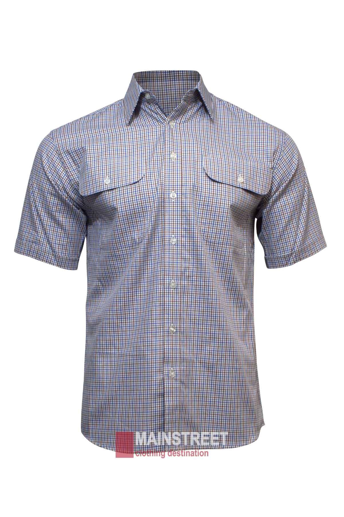 The Bisley Countryman Cotton Short Sleeve Shirt features blue, white, and red small checks, a button-up front, two chest pockets, and a collar. Shown on a plain white background for a clear view of its design.