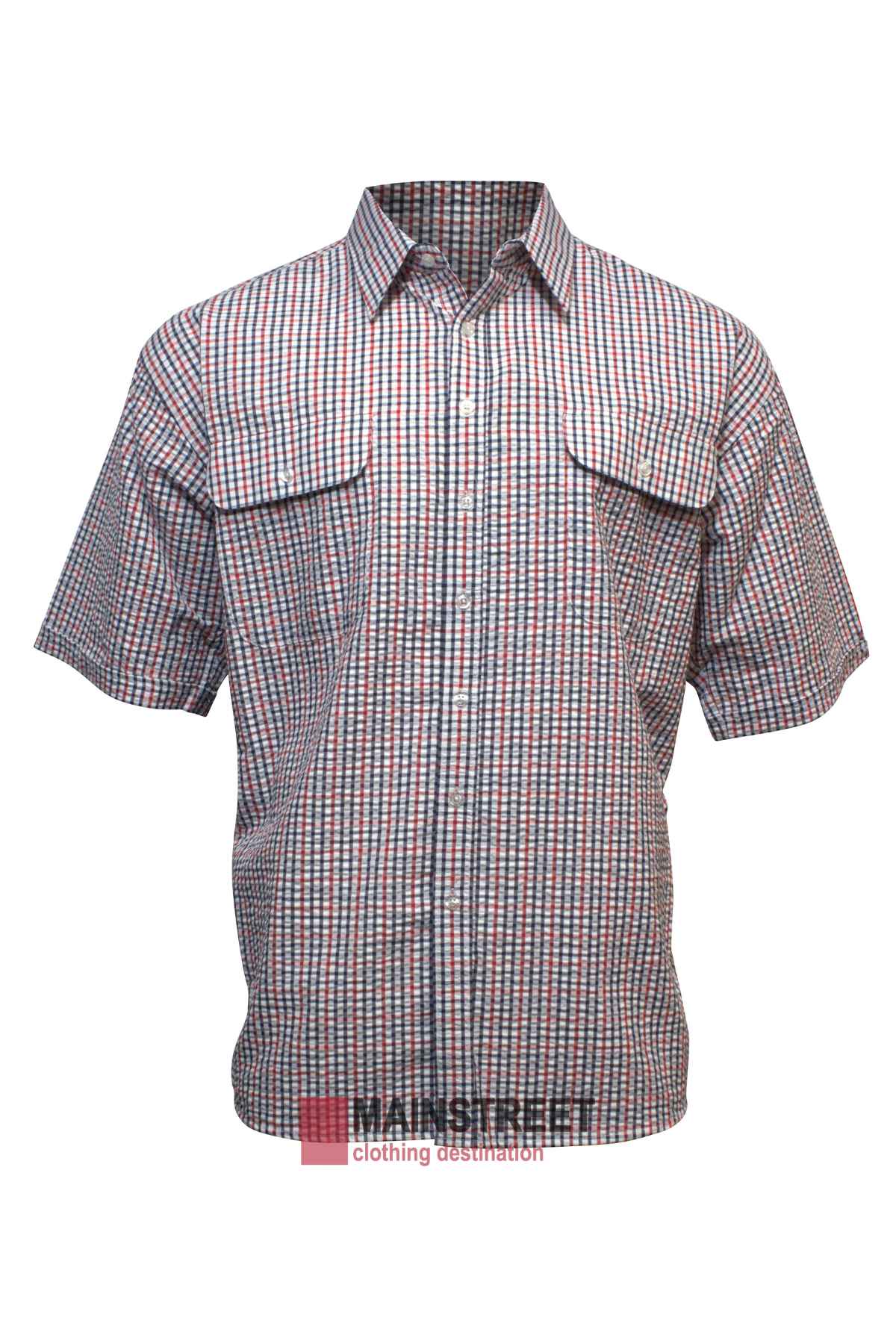 The Bisley Countryman Seersucker Short Sleeve Shirt for men features a red, blue, and white check pattern in a comfy poly-cotton blend with two flap chest pockets, shown on a plain white background.