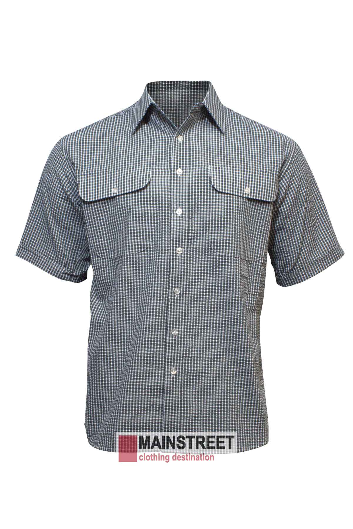 The Bisley Countryman Seersucker Short Sleeve Shirt features a blue and white checkered design on a white background with two front pockets. It stylishly nods to classic Bisley designs, featuring the "MAINSTREET clothing destination" logo at the bottom.