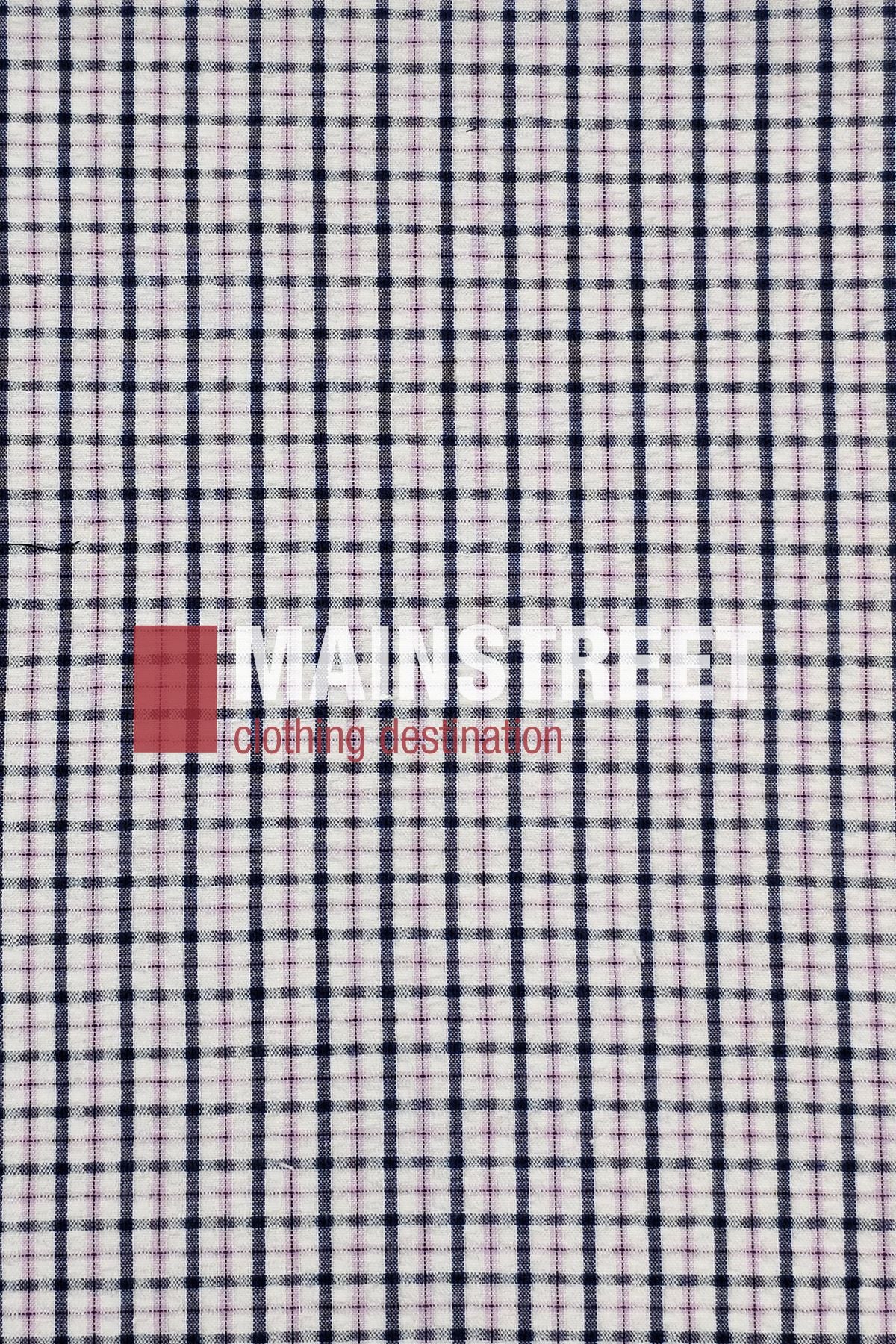 A small blue and white grid pattern—like the Bisley Countryman Seersucker Short Sleeve Shirt—emblazoned with "MAINSTREET" in bold white, "clothing destination" in red beneath, plus a solid red square to the side.