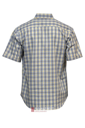 The Bisley Countryman Short Sleeve Shirt is a relaxed-fit, short-sleeved, button-up shirt with a blue, yellow, and white plaid pattern, shown from the back. Made of polyester cotton and features a collar.
