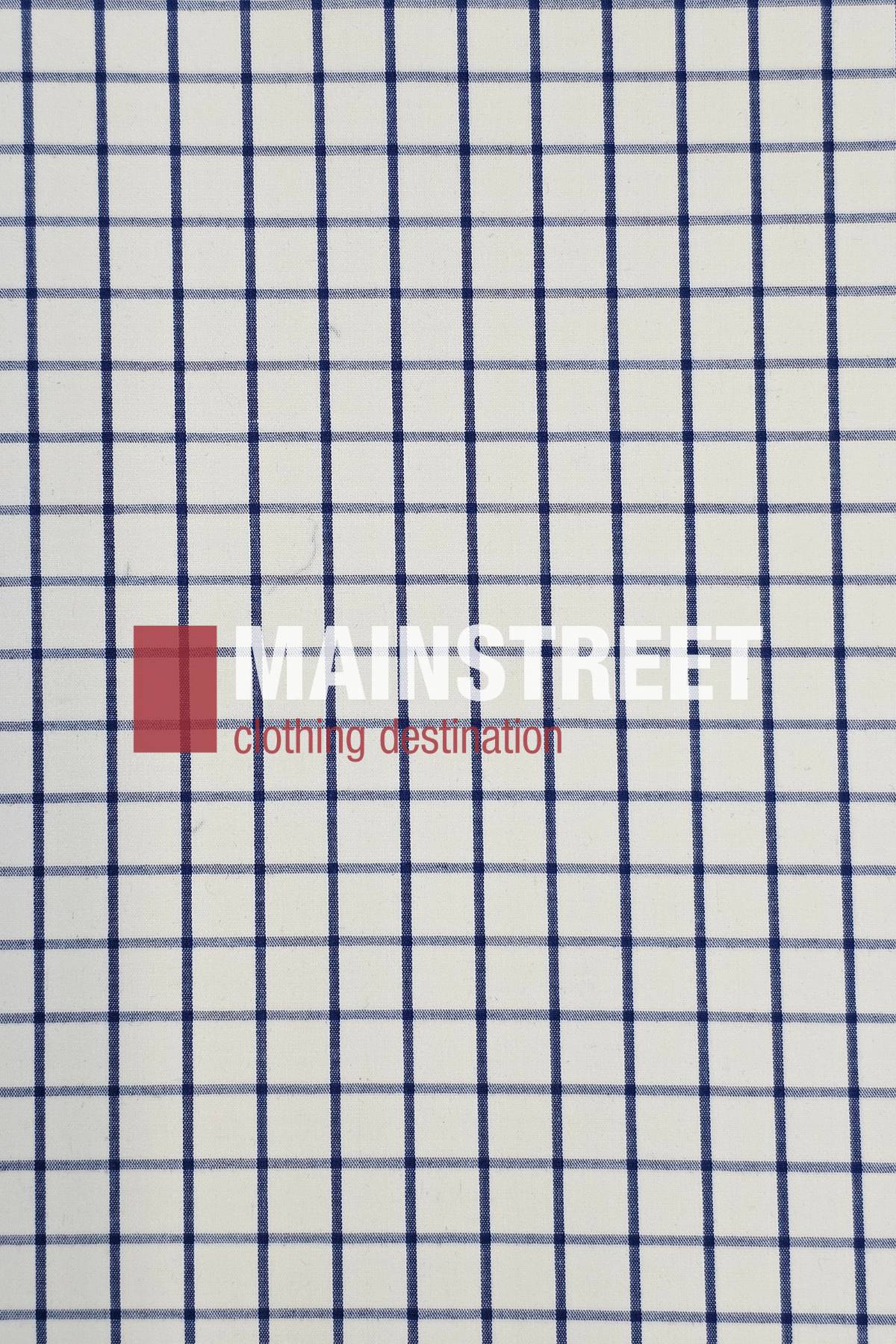 A grid of blue lines on white with "MAINSTREET" in bold white and "clothing destination" in small red over a red square, evoking the classic style of the Bisley Countryman Short Sleeve Shirt.