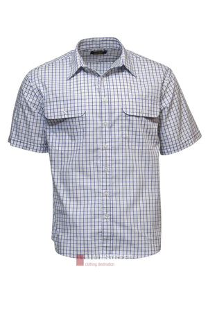 The Bisley Countryman Short Sleeve Shirt features a blue and white checkered pattern, button-up front, classic collar, and front chest pockets with flaps. Made from polyester cotton. Shown on a plain white background.