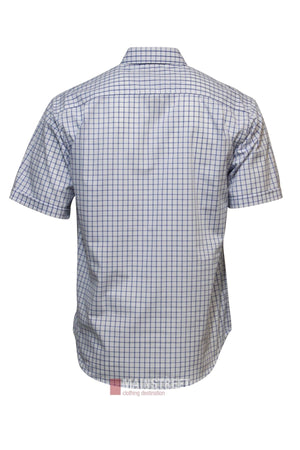 A Bisley Countryman Short Sleeve Shirt with a blue and white checkered pattern, featuring a collar and shown from the back on a plain white background.