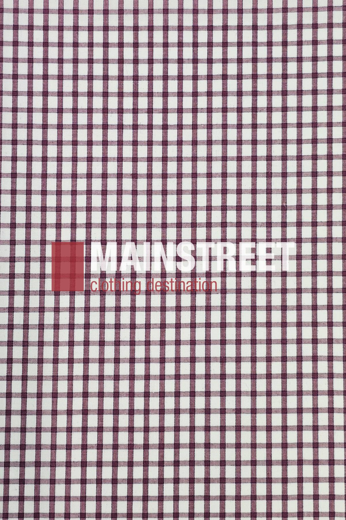 The Bisley Countryman Short Sleeve Shirt features small maroon and white checks, inspired by a classic look, with "MAINSTREET clothing destination" printed in bold white and red on the center.