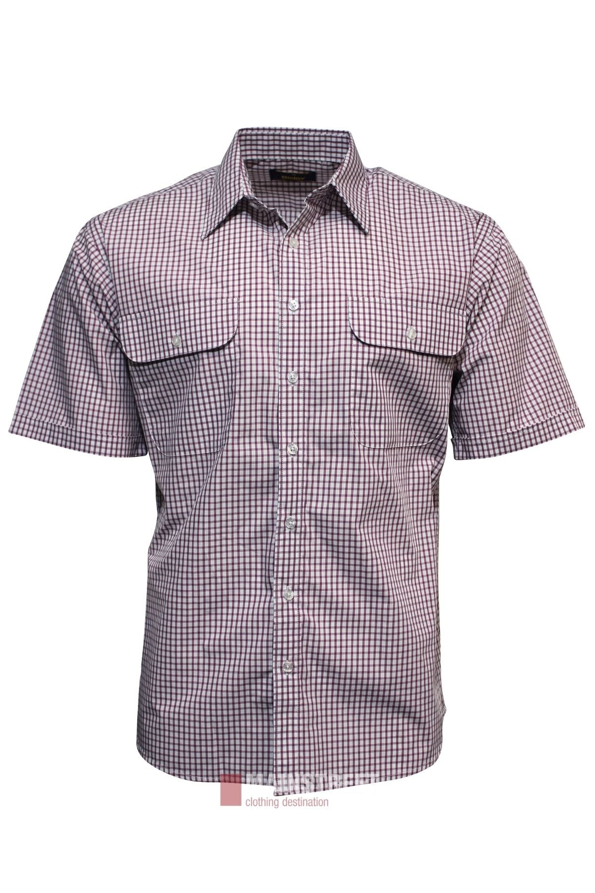 The Bisley Countryman Short Sleeve Shirt features a small white and maroon checkered pattern and two chest pockets with flaps.
