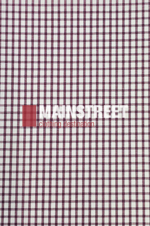 The Bisley Countryman Short Sleeve Shirt features small maroon and white checks, inspired by a classic look, with "MAINSTREET clothing destination" printed in bold white and red on the center.