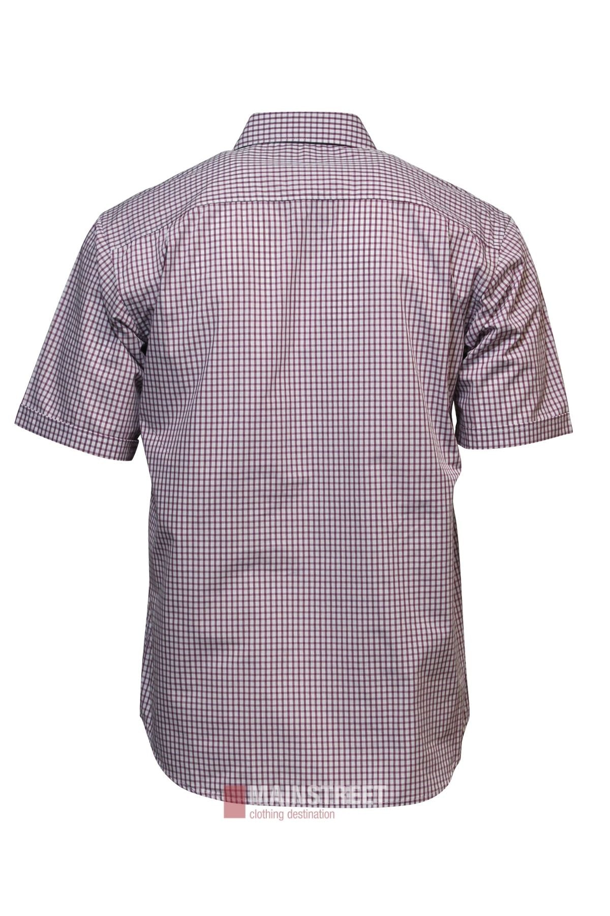 Back view of the Bisley Countryman Short Sleeve Shirt with a small purple and white checkered pattern, shown on a plain white background.