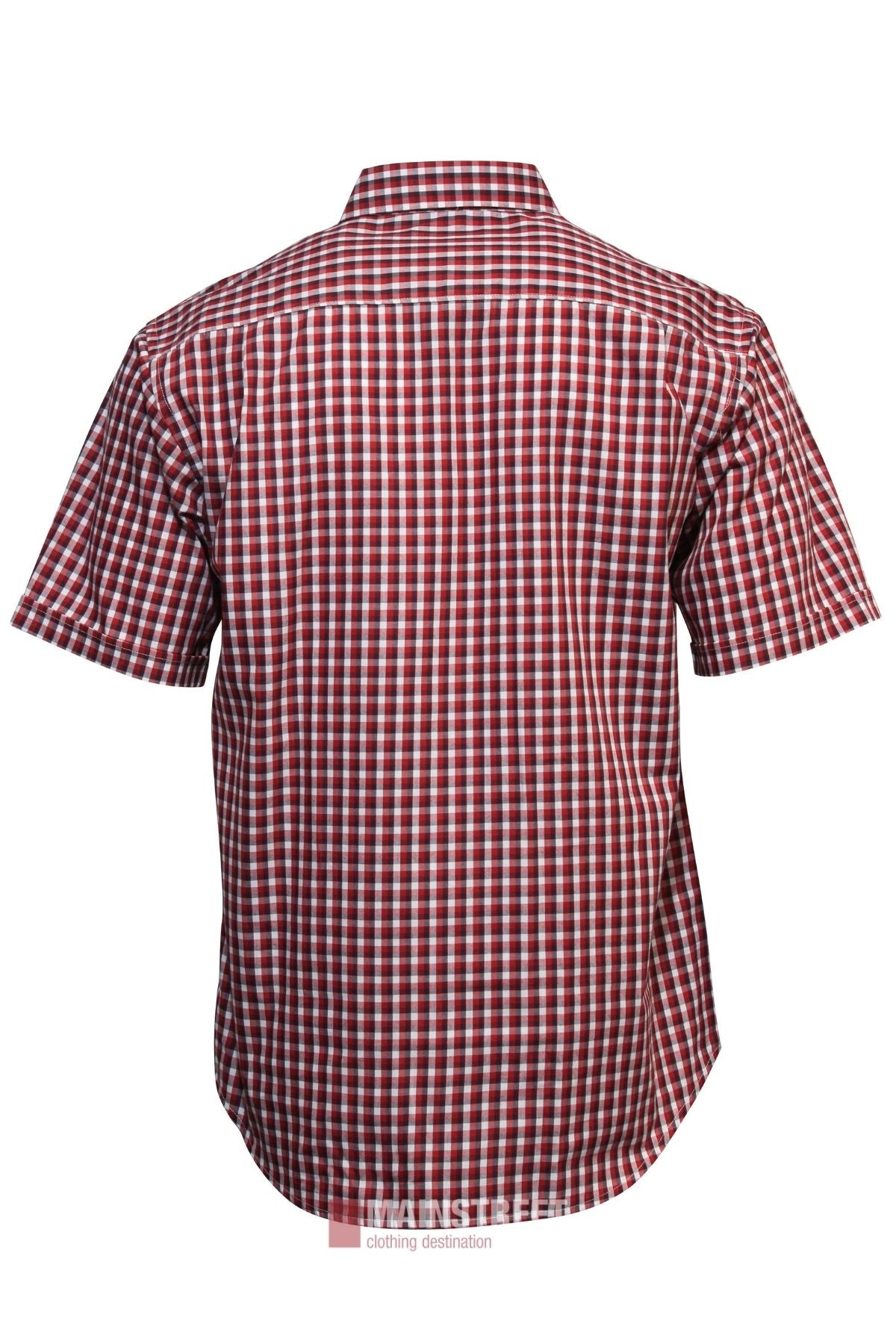 Back view of the Bisley Countryman Short Sleeve Shirt, showcasing its red, white, and black check design. Made from polyester cotton, it features a classic collar and a slightly curved hem.