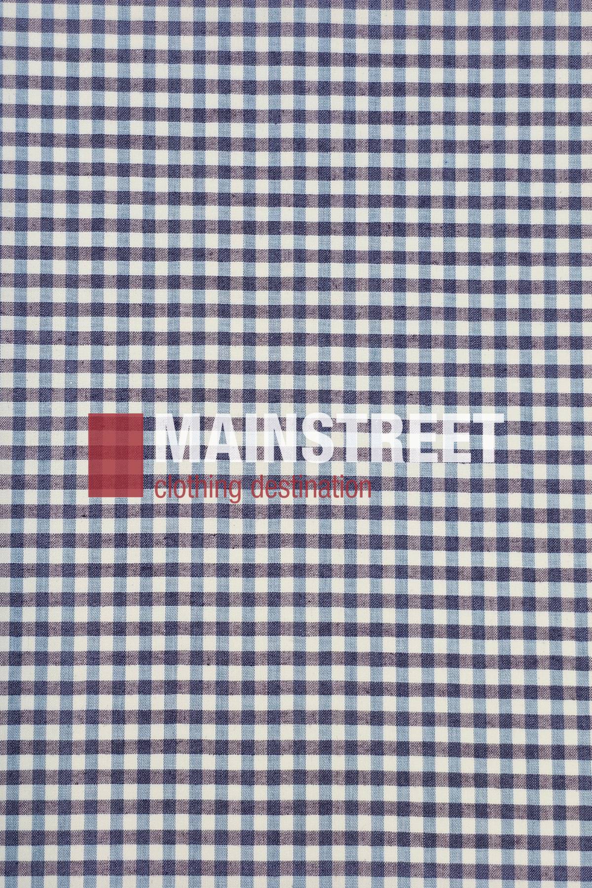 A blue and white checked fabric pattern with "MAINSTREET clothing destination" in white and red, inspired by the Bisley Countryman Short Sleeve Shirt.
