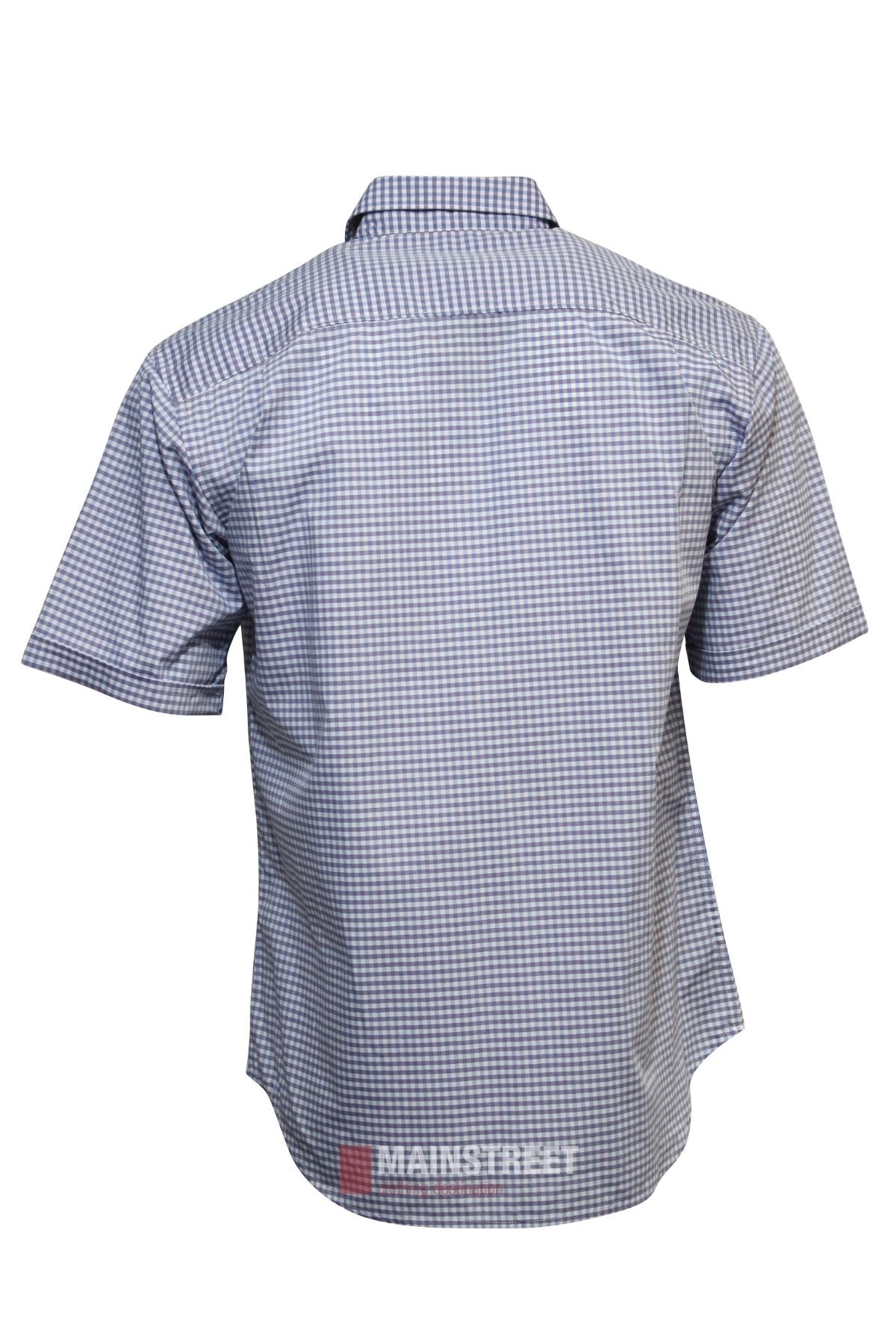 A light blue and white checkered Bisley Countryman Short Sleeve Shirt, shown from the back, features a classic collar, relaxed fit, and short sleeves.