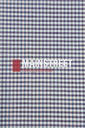Blue and white checkered fabric inspired by the Bisley Countryman Shirt, featuring "MAINSTREET clothing destination" printed over it and a red square placed to the left of the text.