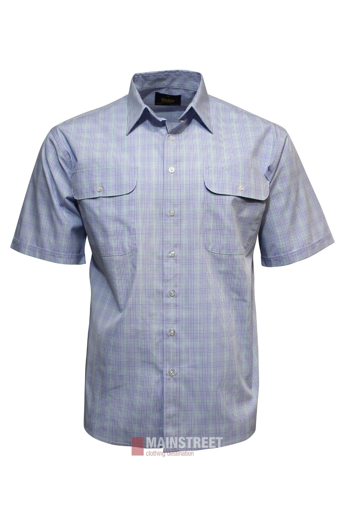 Bisley Countryman Short Sleeve Shirt in light purple with subtle plaid pattern, two chest pockets, and short sleeves, shown on a white background.