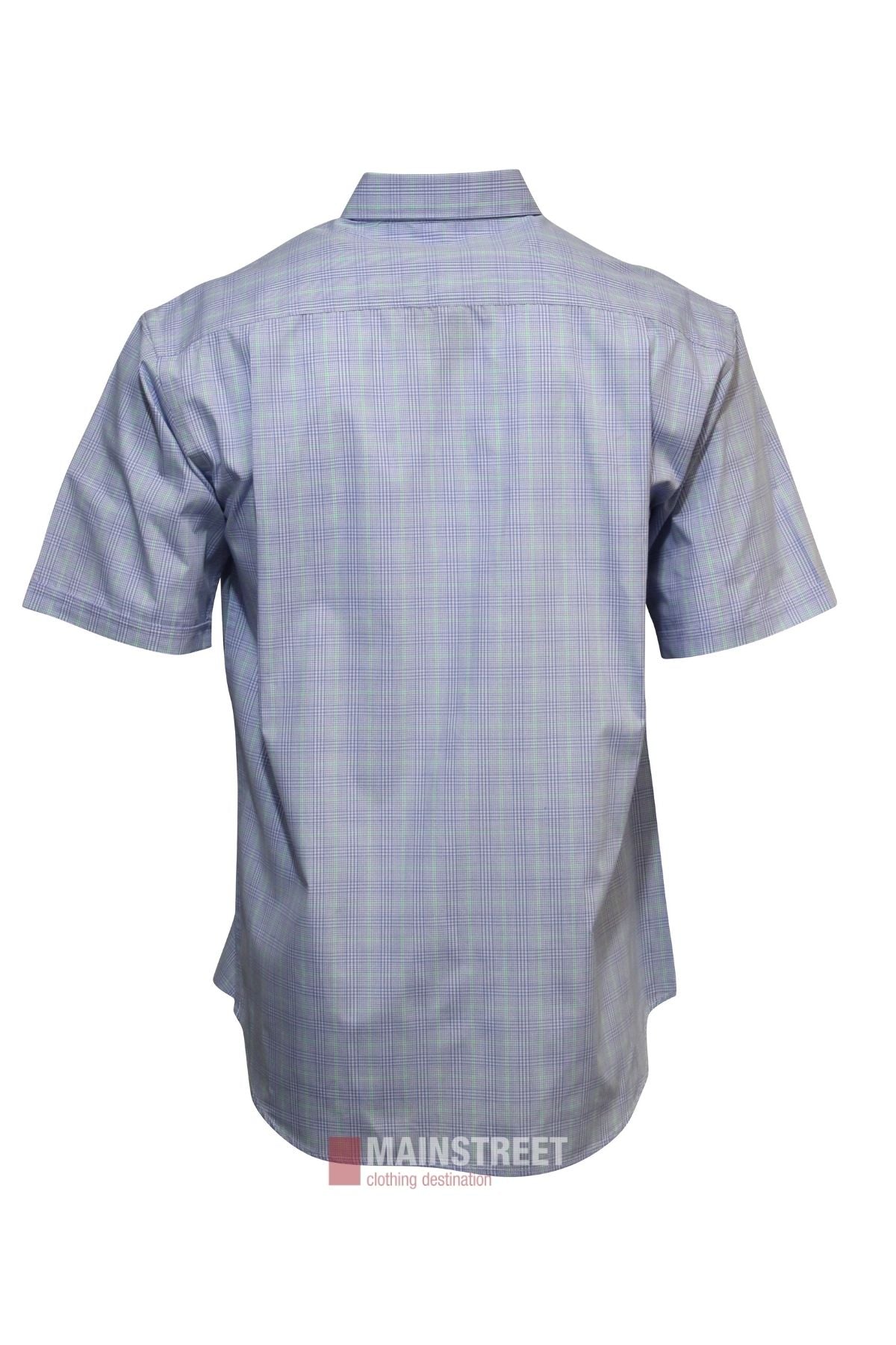 Back view of the Bisley Countryman Short Sleeve Shirt, light blue plaid, with a collar and relaxed fit in polyester-cotton. Displayed on a white background.