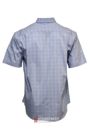 Back view of the Bisley Countryman Short Sleeve Shirt, light blue plaid, with a collar and relaxed fit in polyester-cotton. Displayed on a white background.