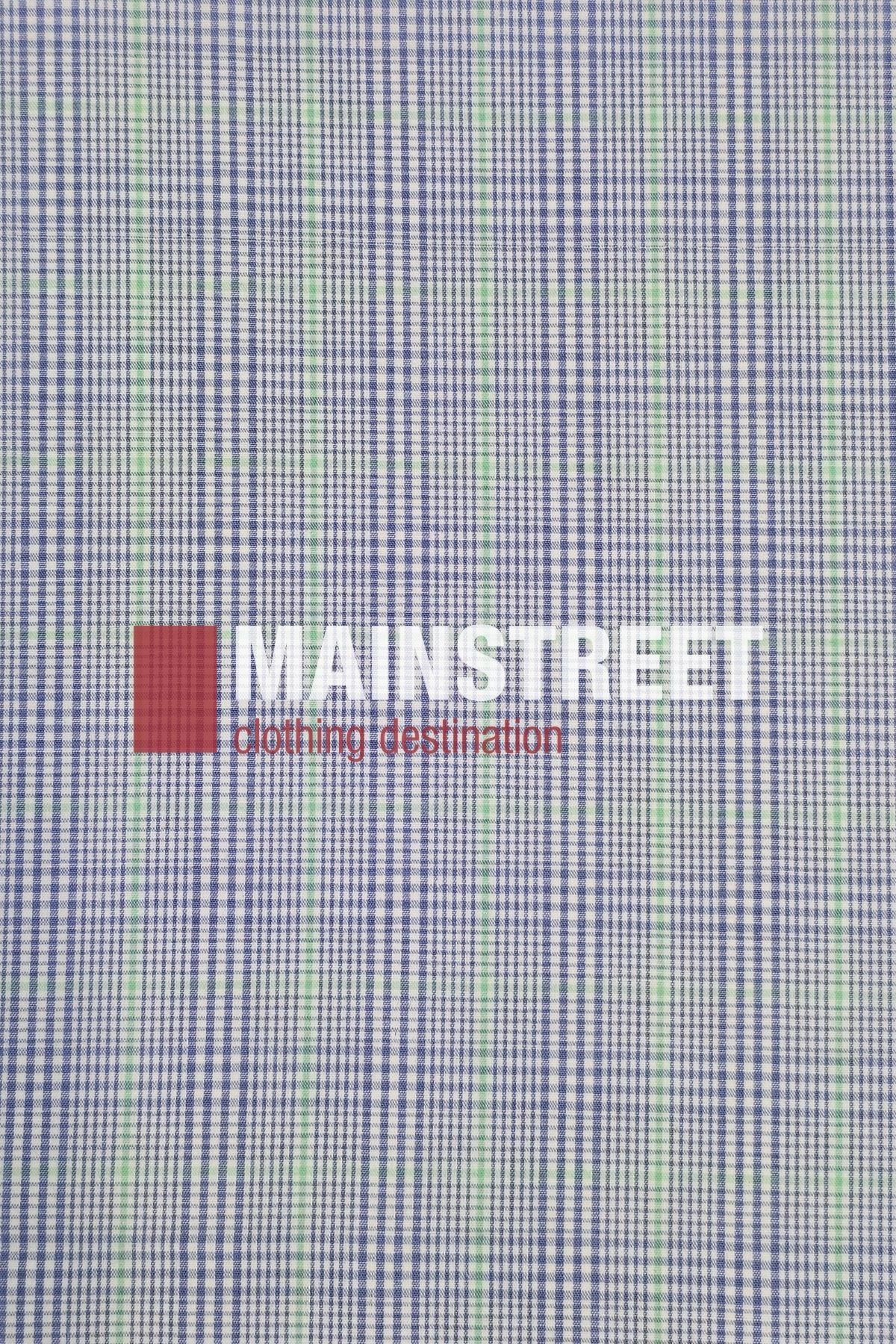 A blue and white checkered polyester/cotton blend background with thin green lines features the Bisley Countryman Shirt name in bold white letters, “clothing destination” below in red, alongside a red square.