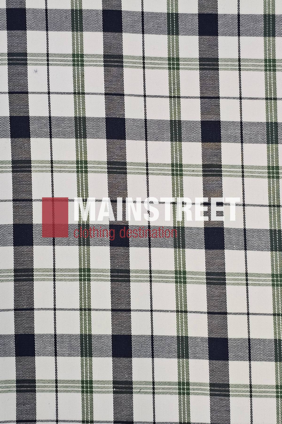 Plaid pattern in navy, green, and white stripes with "MAINSTREET clothing destination" at center—"MAINSTREET" in bold white on a red block. Ideal for fans of the Bisley Countryman Cotton Short Sleeve Shirt or classic work shirts.