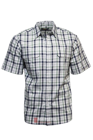 The Bisley Countryman Cotton Short Sleeve Shirt is a white, button-up work shirt with blue, green, and black plaid and two chest pockets with flaps.
