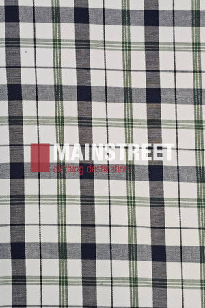 Plaid pattern in navy, green, and white stripes with "MAINSTREET clothing destination" at center—"MAINSTREET" in bold white on a red block. Ideal for fans of the Bisley Countryman Cotton Short Sleeve Shirt or classic work shirts.