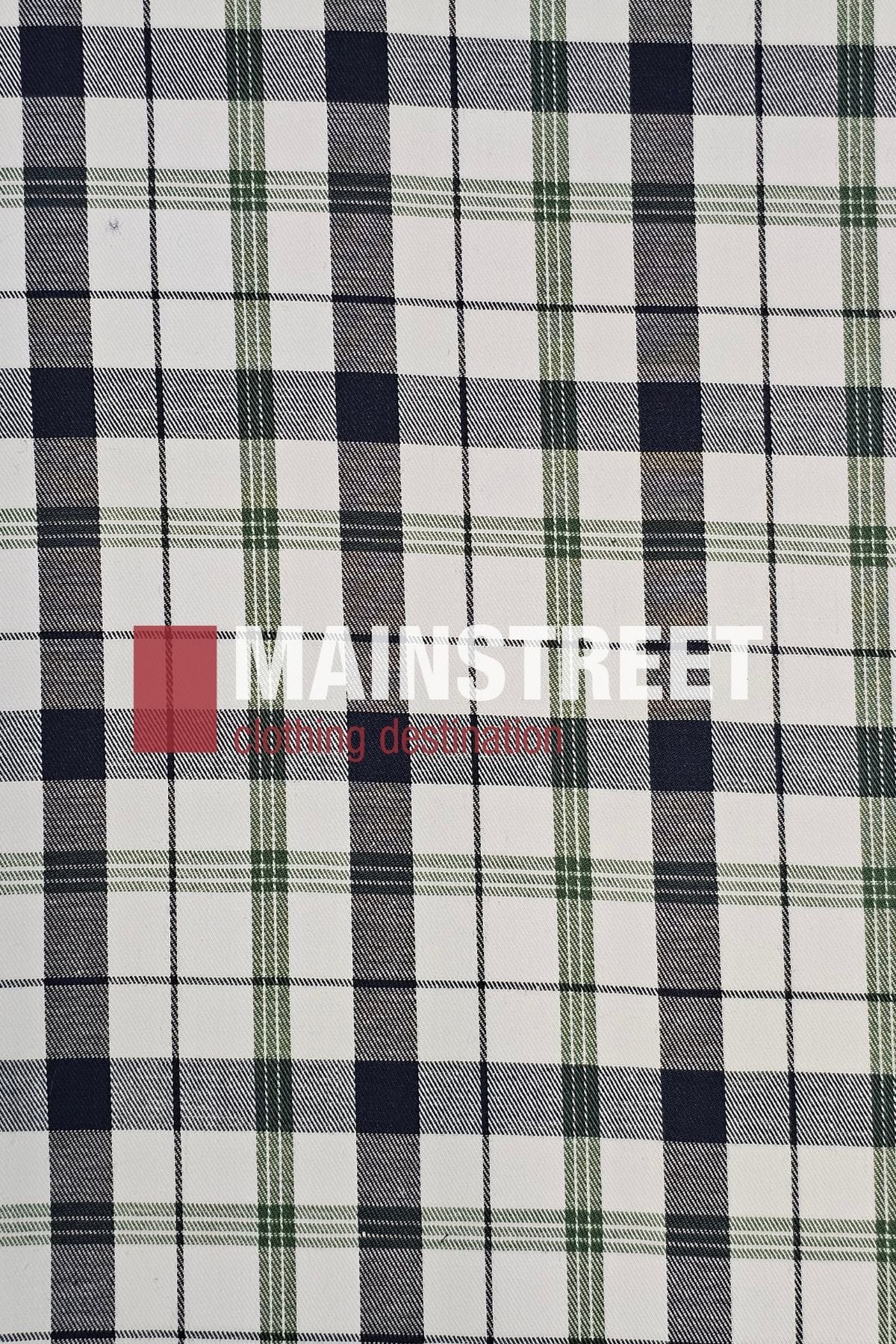 A white fabric with navy blue and green plaid, inspired by the Bisley Countryman Cotton Shirt. "MAINSTREET" and "clothing destination" are displayed centrally.