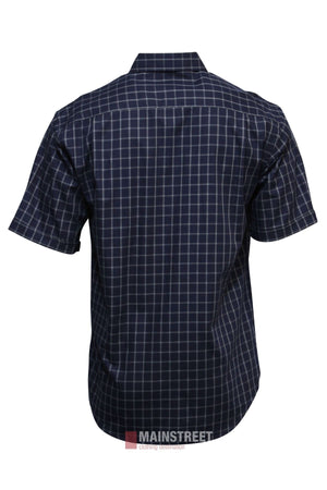 The Bisley Countryman Cotton Short Sleeve Shirt in navy blue with a white check pattern is shown from the back. It features a classic collar and curved hem.