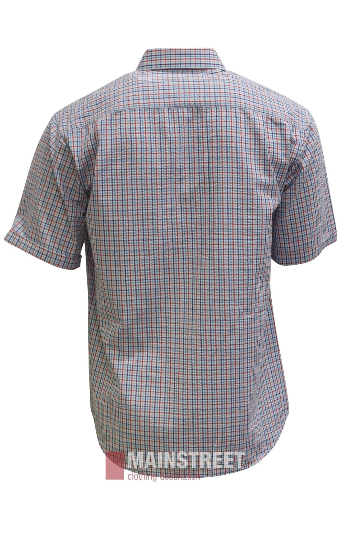 Back view of the Bisley Countryman Seersucker Short Sleeve Shirt, featuring a classic blue, red, and white checkered pattern. “Mainstreet” clothing branding is visible at the bottom of the image.