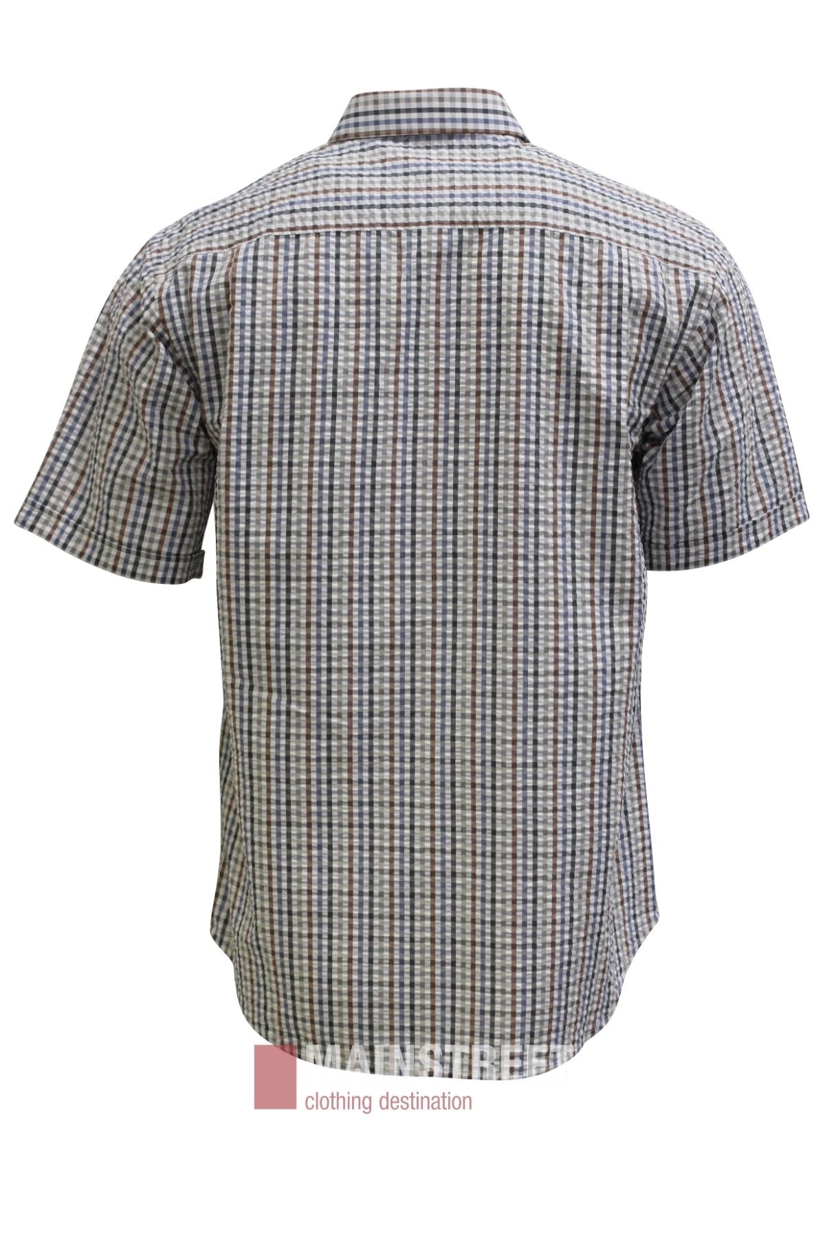 Back view of the Bisley Countryman Seersucker Short Sleeve Shirt, showcasing a blue, white, and brown plaid pattern. This polyester-cotton shirt features a classic collar and is displayed against a plain white background.