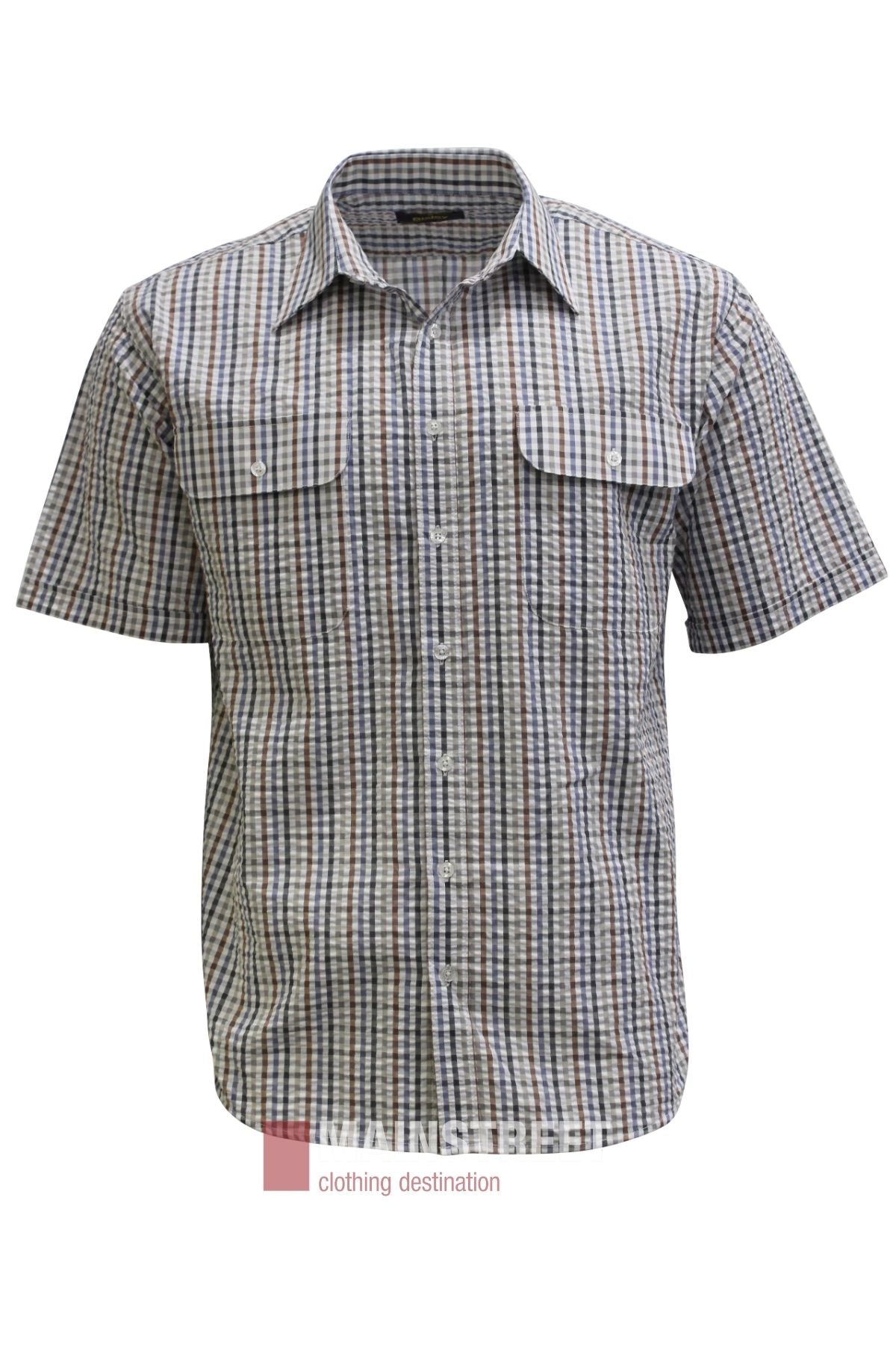 The Bisley Countryman Seersucker Short Sleeve Shirt, made from a comfortable polyester-cotton blend and featuring a classic plaid pattern with two front chest pockets, is displayed on a plain white background.