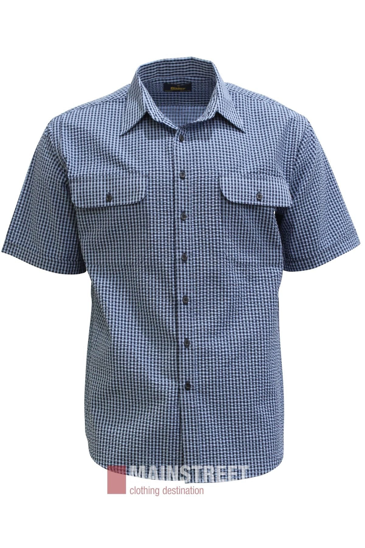 Bisley Countryman Seersucker Short Sleeve Shirt in blue and white checkered pattern, featuring two chest pockets, displayed on a white background.