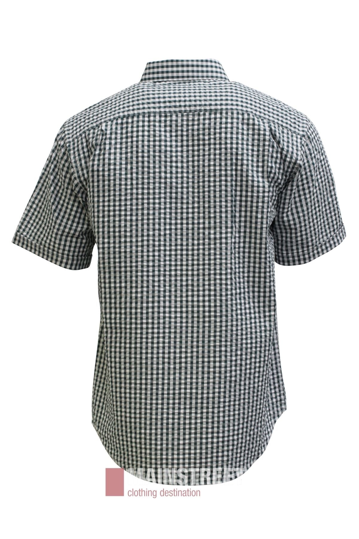 Back view of the Bisley Countryman Seersucker Short Sleeve Shirt in a black and white checkered pattern, displayed on a plain white background.
