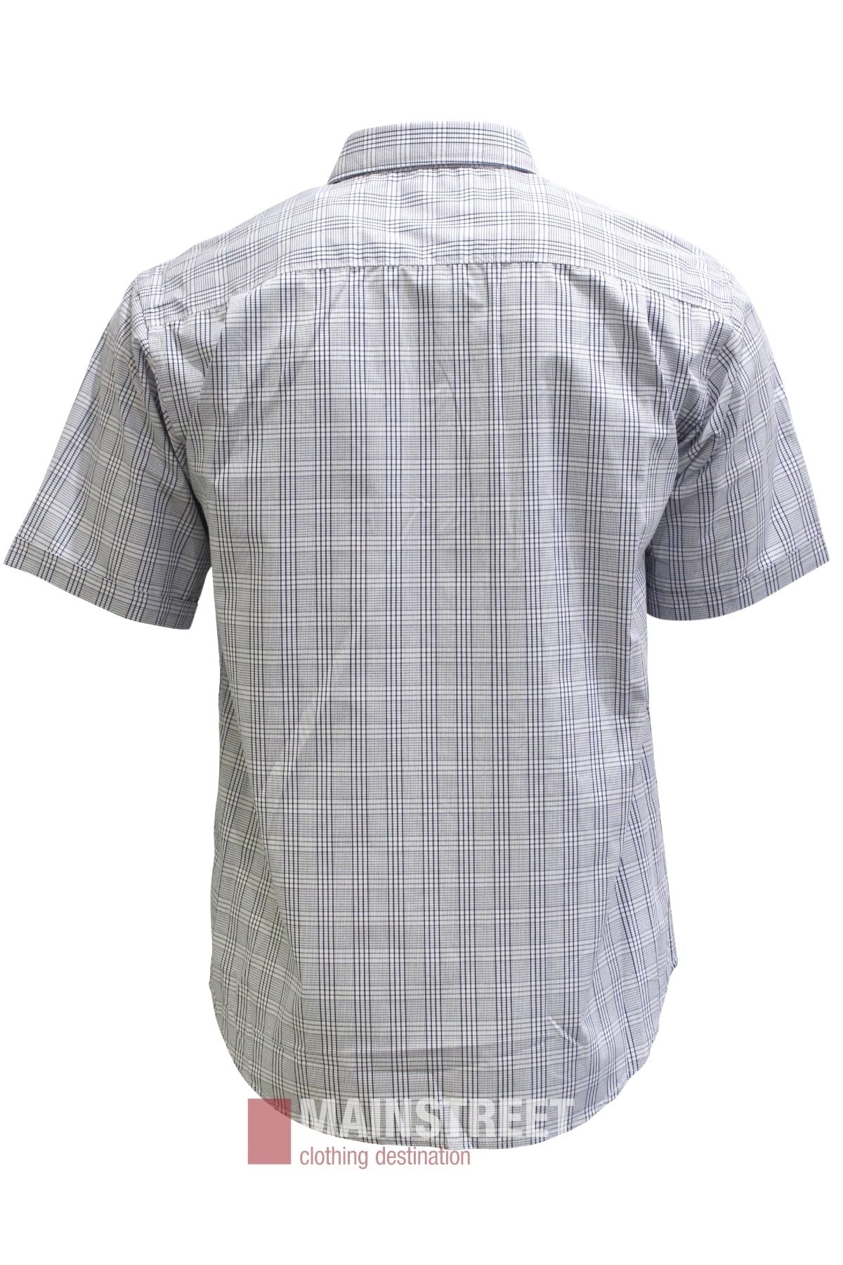 Back view of the Bisley Countryman Short Sleeve Shirt, featuring a gray and white plaid pattern and short sleeves. Made from a durable polyester/cotton blend, the shirt is shown against a white background.