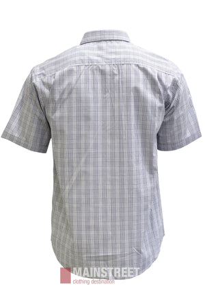 Back view of the Bisley Countryman Short Sleeve Shirt, featuring a gray and white plaid pattern and short sleeves. Made from a durable polyester/cotton blend, the shirt is shown against a white background.