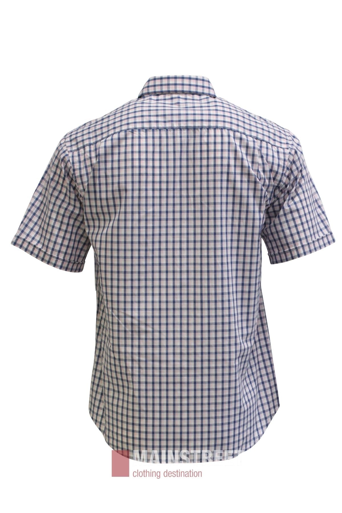 A Bisley Countryman Short Sleeve Shirt, featuring a blue and white checkered pattern and crafted from durable polyester cotton, is shown from the back on a plain white background.