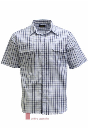 Bisley Countryman Short Sleeve Shirt featuring a blue and black checkered pattern, buttoned chest pockets with flaps, and a pointed collar, displayed on a white background.