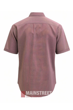 Back view of the Bisley Countryman Short Sleeve Shirt, a short-sleeved button-up design featuring a maroon and white small check pattern. Made from a durable polyester/cotton blend, this shirt includes a straight hem and classic collar. The Mainstreet Clothing logo appears at the bottom of the image.