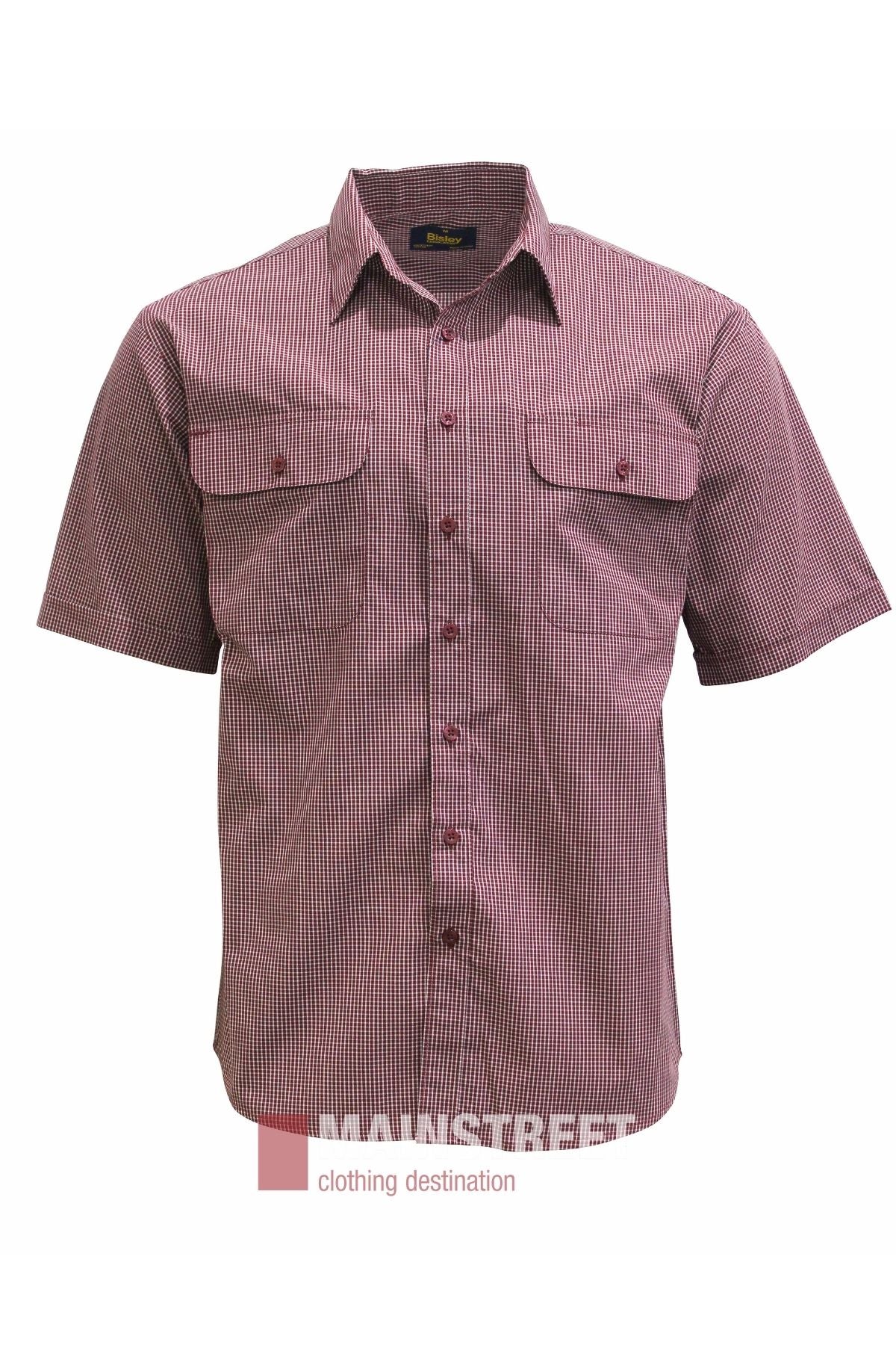 The Bisley Countryman Short Sleeve Shirt features a red and white small checkered pattern, a button-up front, short sleeves, chest pockets, and a collar. Crafted from a durable polyester/cotton blend, it is displayed against a white background.