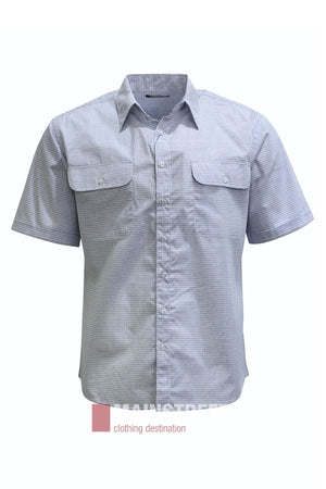 A Bisley Countryman Short Sleeve Shirt in light gray checkered pattern, featuring two chest pockets and crafted from a comfortable polyester-cotton blend, displayed against a white background.