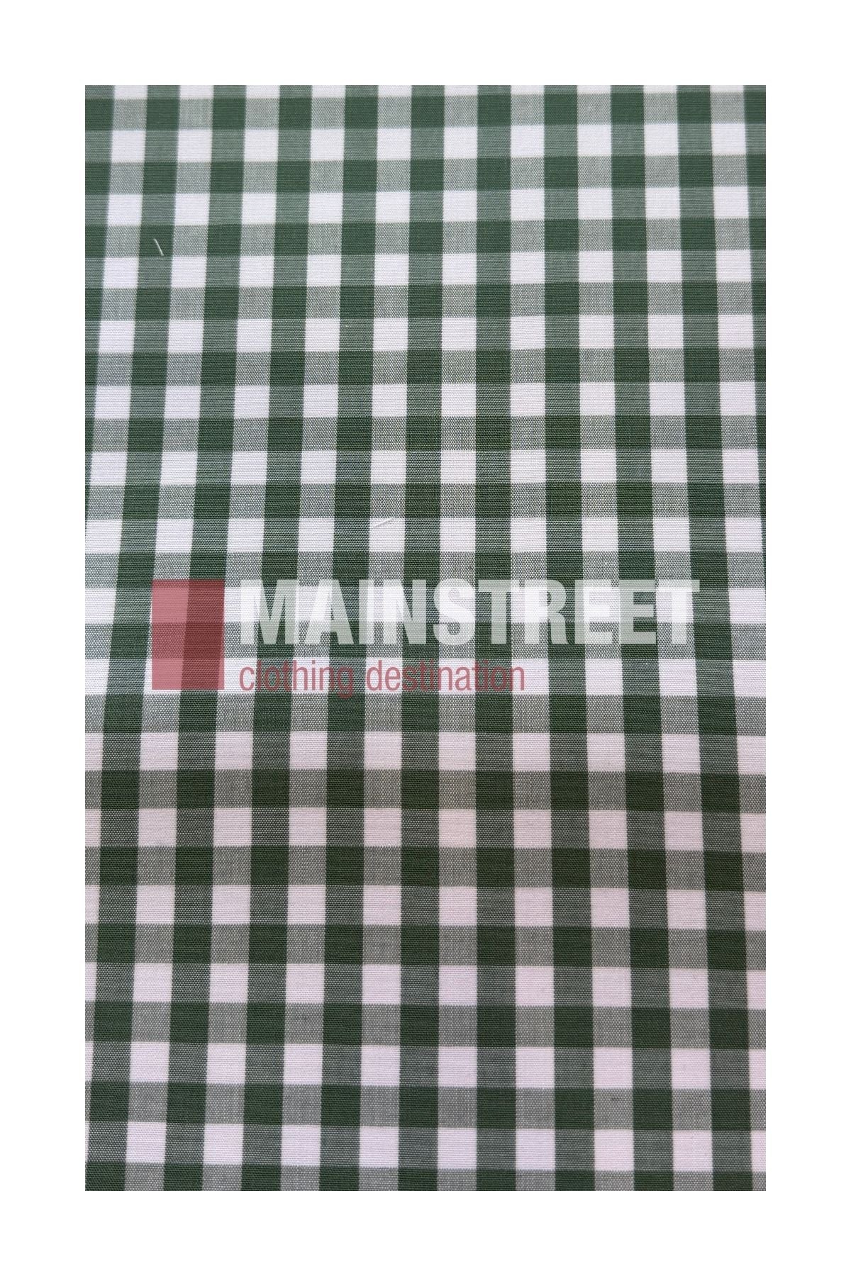Green and white checkered fabric made from a durable polyester/cotton blend, featuring “MAINSTREET clothing destination” printed in white and pink across the center—styled after the Bisley Countryman Short Sleeve Shirt.