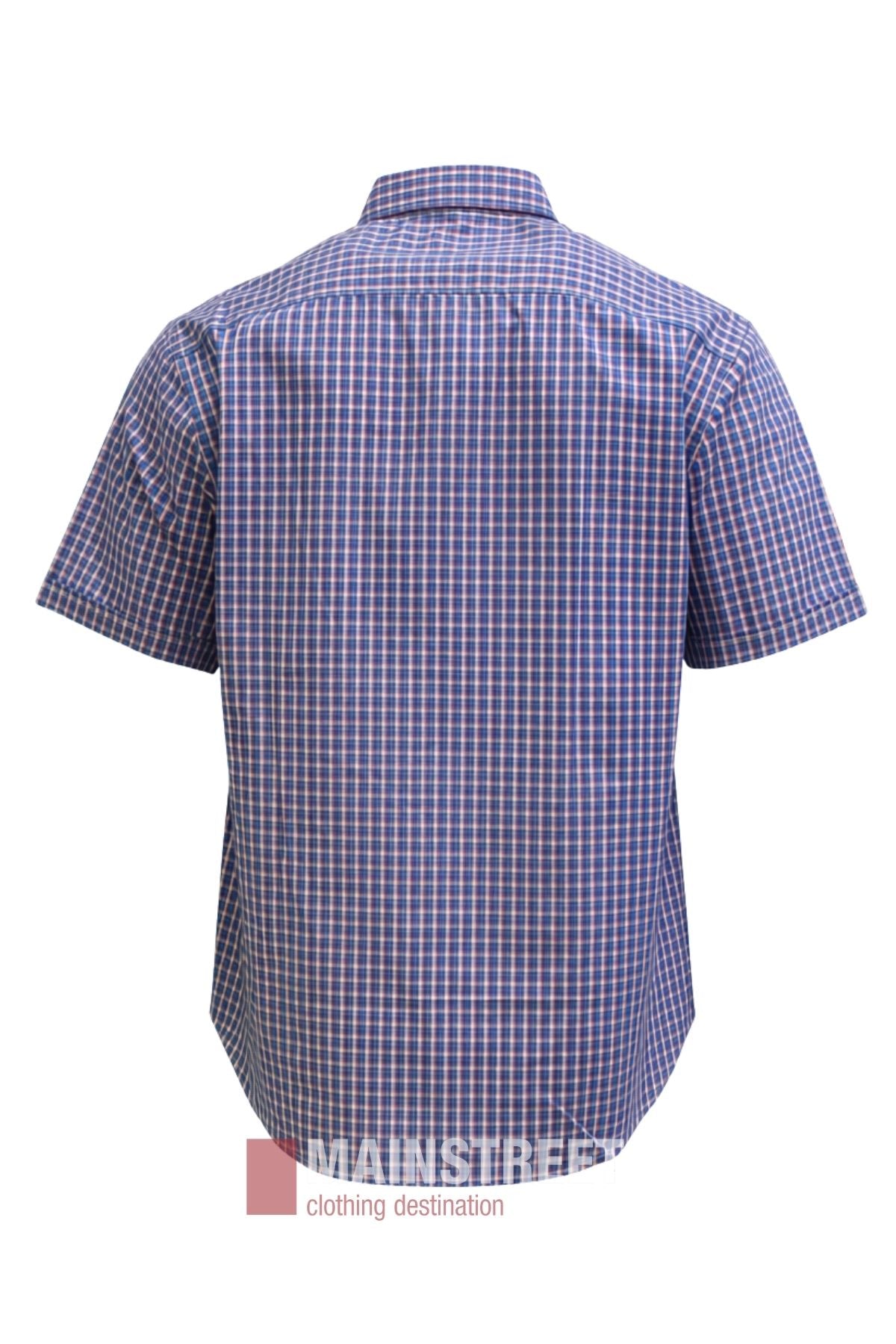 Back view of the Bisley Countryman Short Sleeve Shirt, featuring a blue, red, and white checkered pattern. Made from durable polyester cotton for everyday comfort, this button-up shirt is shown against a white background with the “MAINSTREET clothing destination” logo at the bottom.