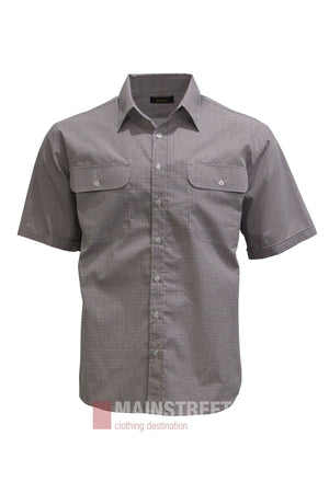 Bisley Countryman Short Sleeve Shirt—a button-up gray plaid shirt with short sleeves and two front chest pockets, made from a comfortable polyester-cotton blend—displayed on a white background. The “MAINSTREET clothing destination” logo appears at the bottom.