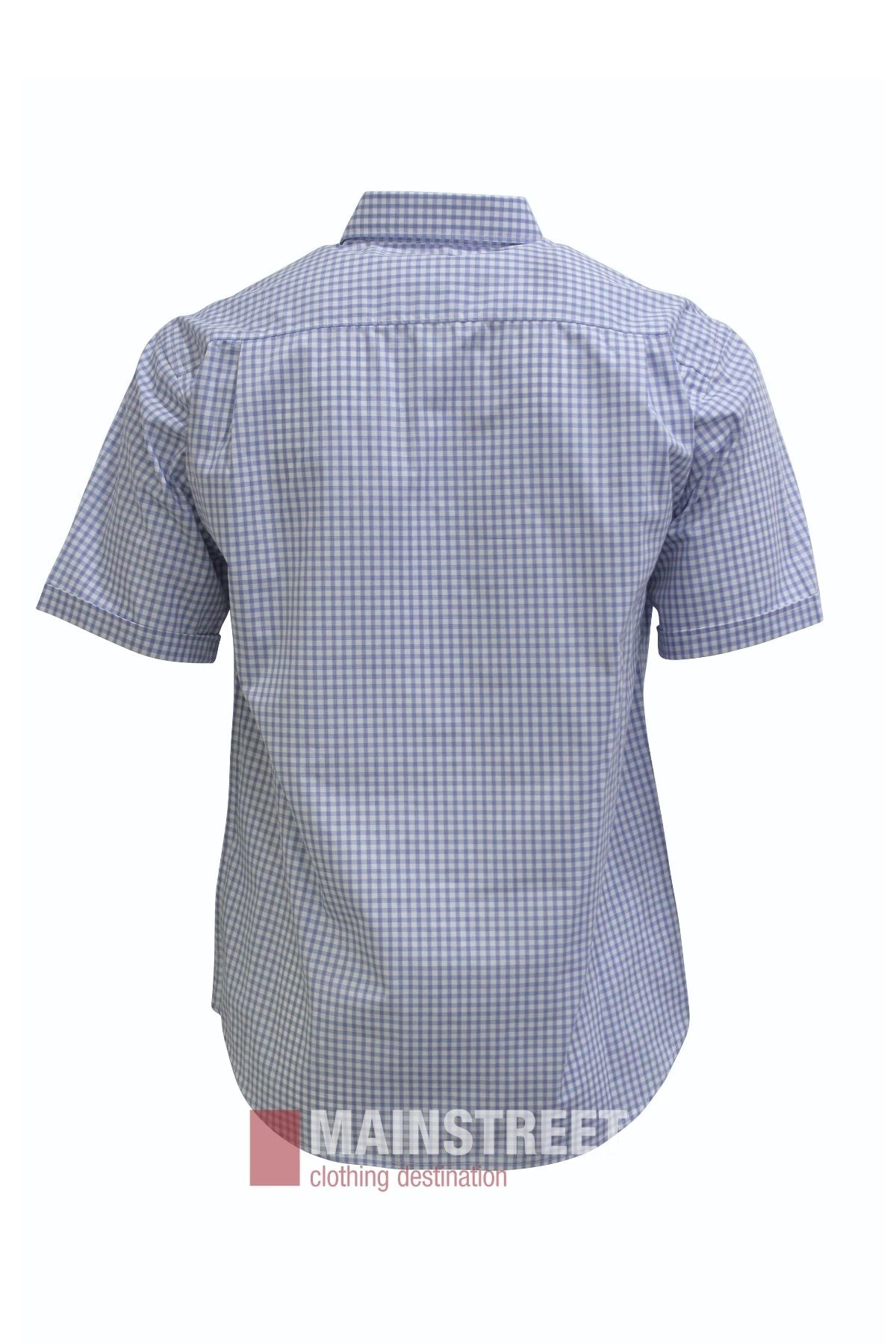 A rear view of the blue and white checkered Bisley Countryman Short Sleeve Shirt is displayed, highlighting its collared design and visible yoke. Made from a comfortable polyester/cotton blend, this shirt exemplifies quality craftsmanship. The MAINSTREET clothing destination logo is featured at the bottom of the image.